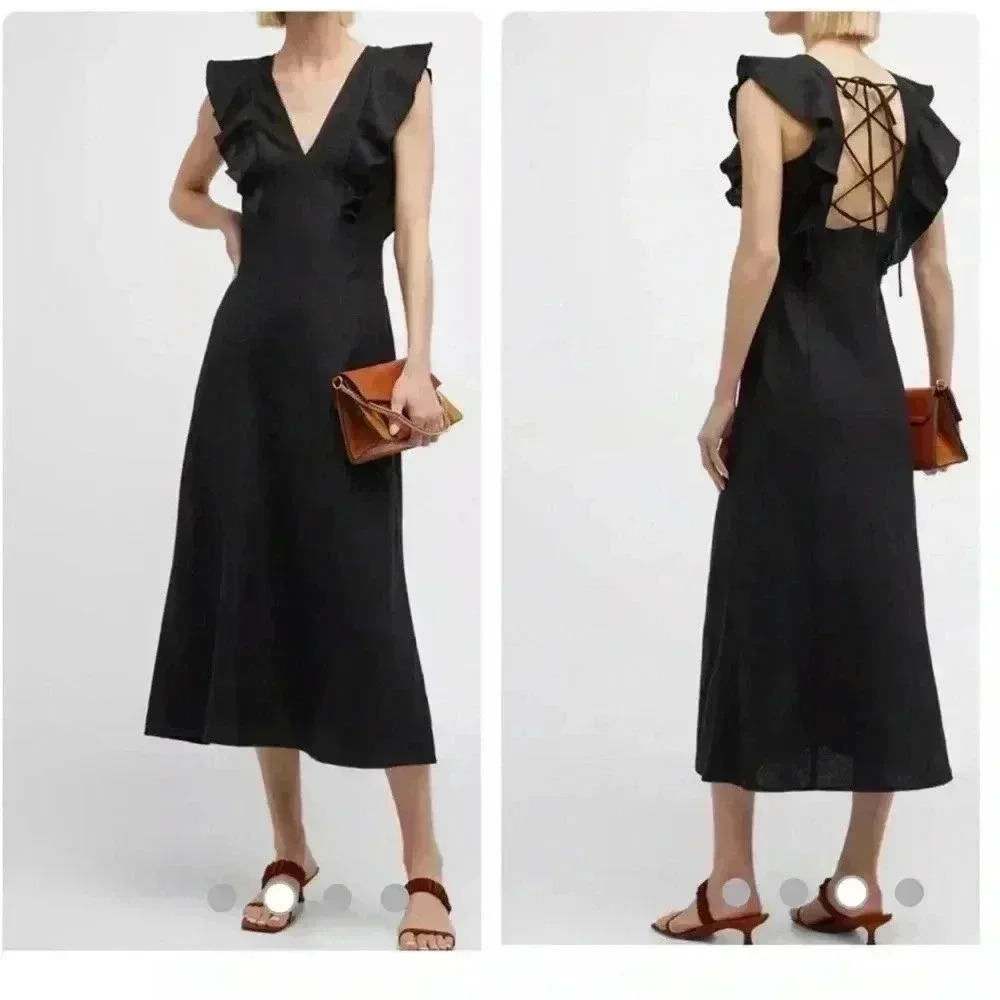 RAILS Constance corset back Linen ruffle Midi Dress M Dissh Crew Ulla sundress